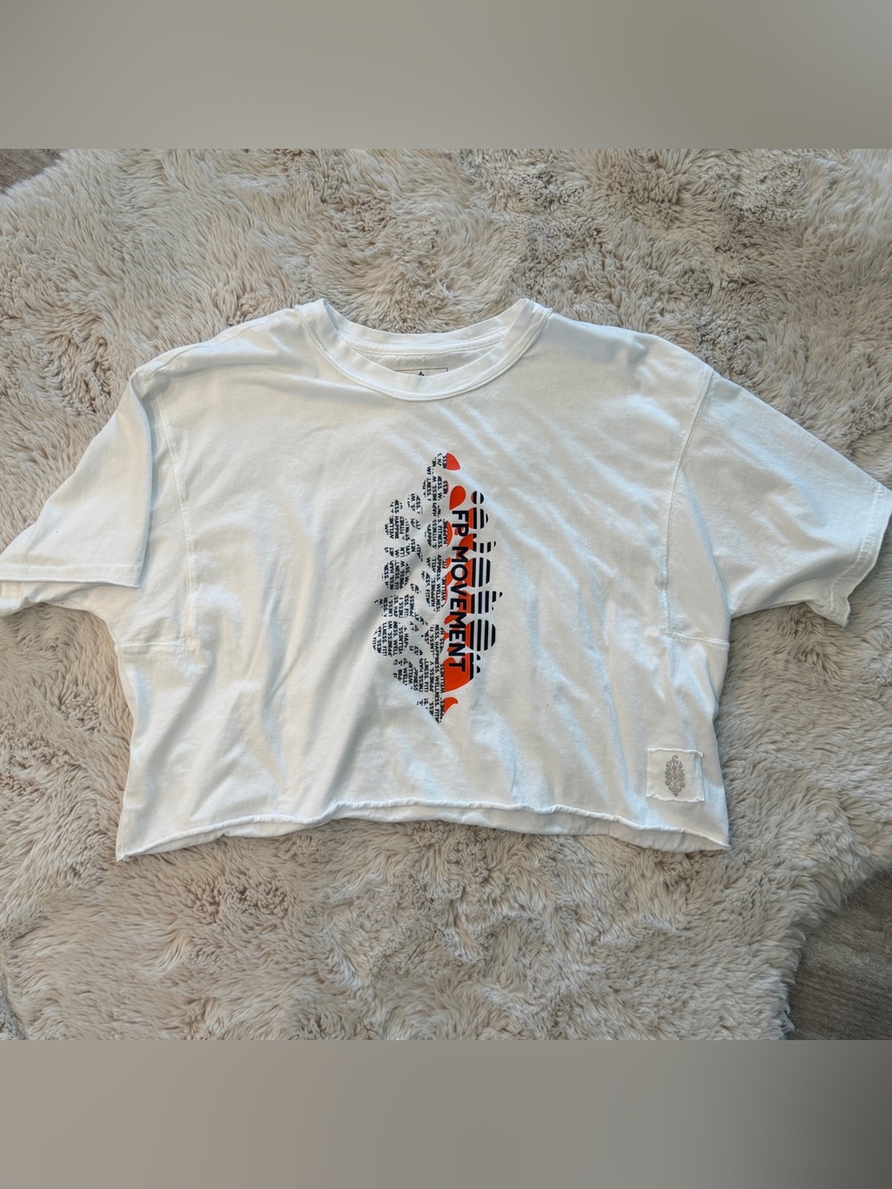 White Free People Graphic Crop Tee with Orange Accent xs